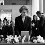 Une scène émouvante évoquant le deuil d'une célébrité morte, lumière naturelle et ambiance recueillie