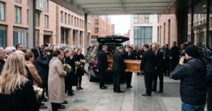 Décès célébrité : foule émue rendant hommage à une star disparue, bougies et fleurs