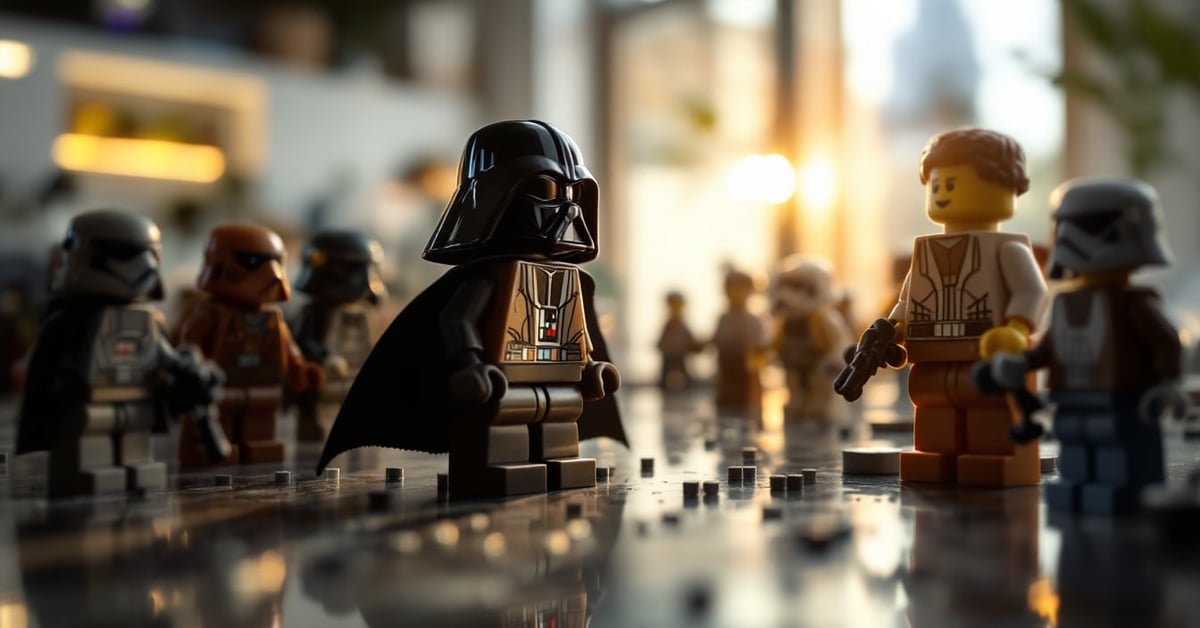 Sets LEGO Star Wars disposés sur une surface moderne, photographie éditoriale réaliste