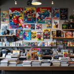 Boutique pop culture shop comics avec BD et figurines de collection en vitrine