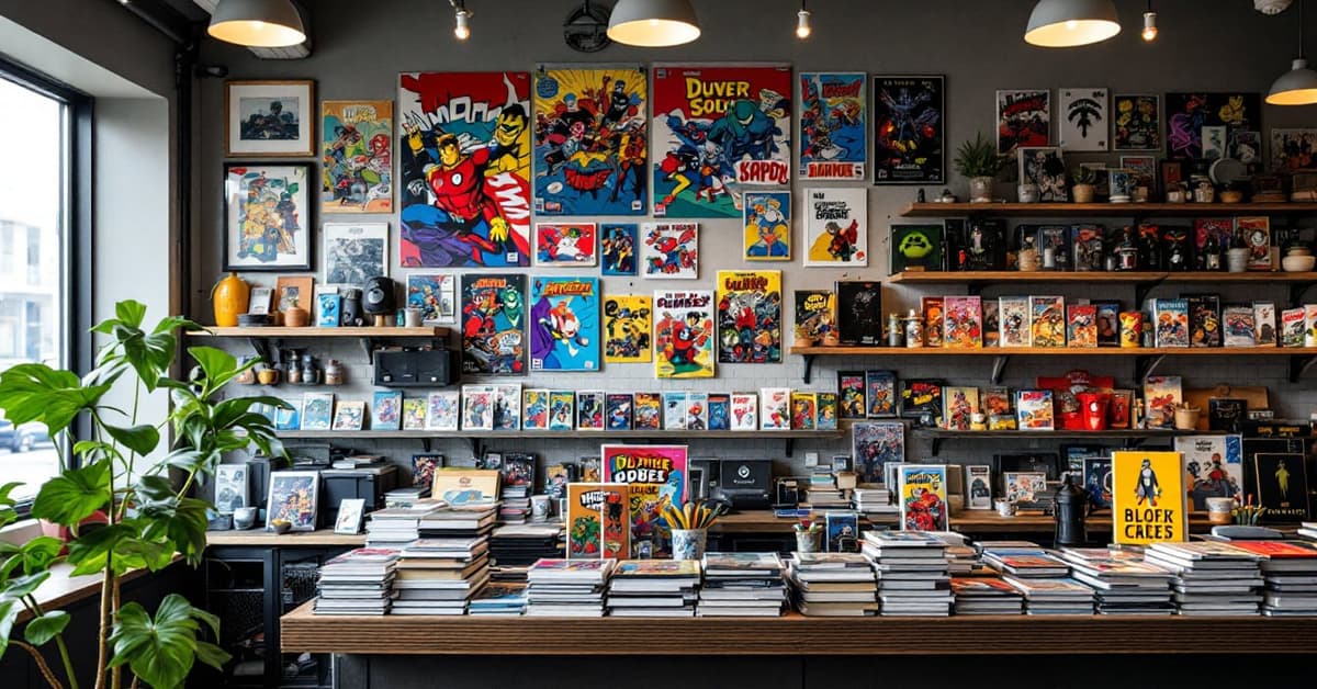 Boutique pop culture shop comics avec BD et figurines de collection en vitrine