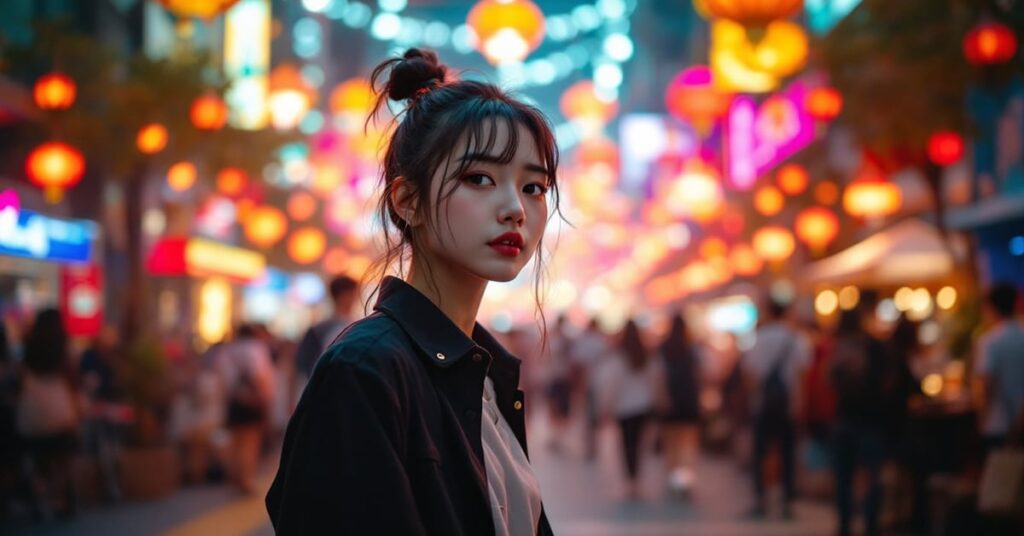 Festival de culture pop asiatique avec foule animée, cosplays colorés et stands dédiés aux mangas et K-pop