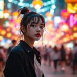 Festival de culture pop asiatique avec foule animée, cosplays colorés et stands dédiés aux mangas et K-pop