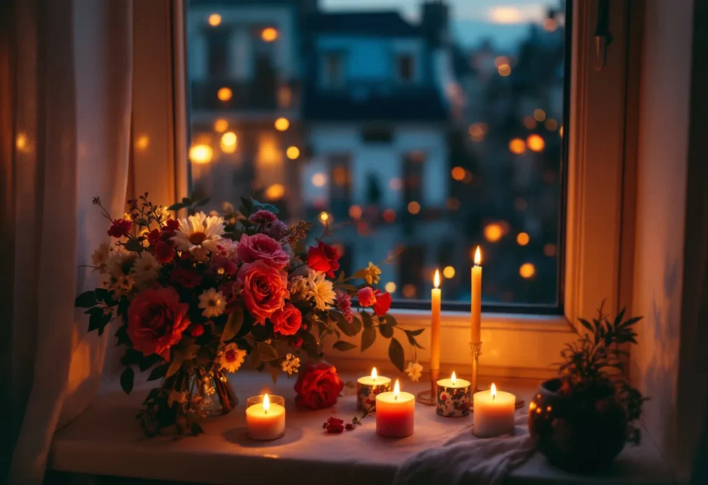 Un bouquet de fleurs et des bougies allumées sur un rebord de fenêtre, à la tombée du jour.