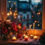 Un bouquet de fleurs et des bougies allumées sur un rebord de fenêtre, à la tombée du jour.