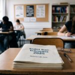 Sujet bac français 2025 : élève terminale révisant ses épreuves de français sur un bureau