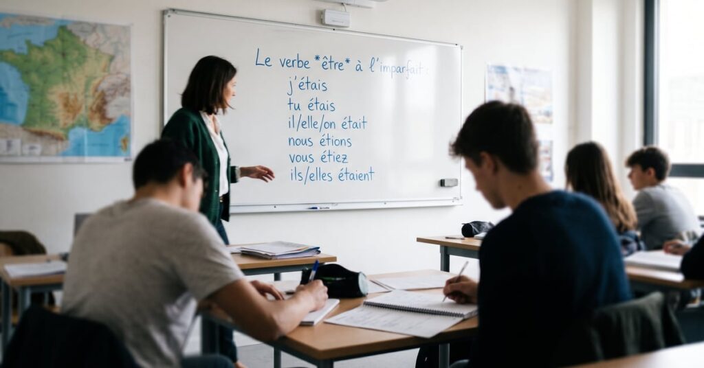 Conjugaison du verbe être à l'imparfait écrite à la main sur un cahier scolaire